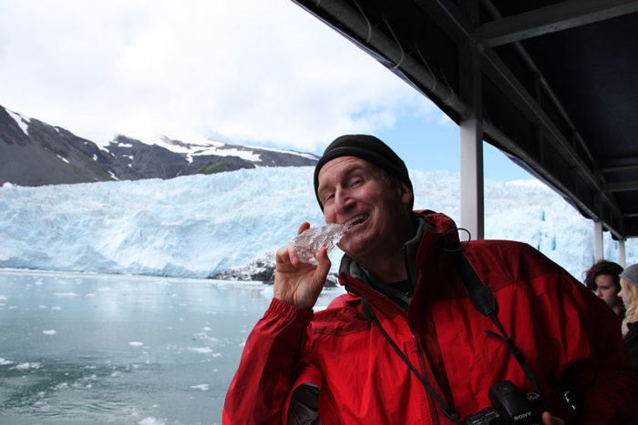 Gregor trying out the ice straight from the water before making the adult beverages.